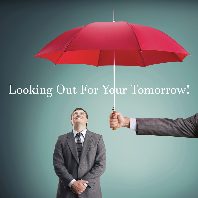 Businessman looking up at a red umbrella that is being held by a person off frame
