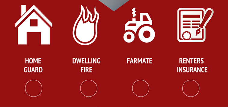 Home Guard, Dwelling Fire, Farmate, and Renters insurance icons on a red background